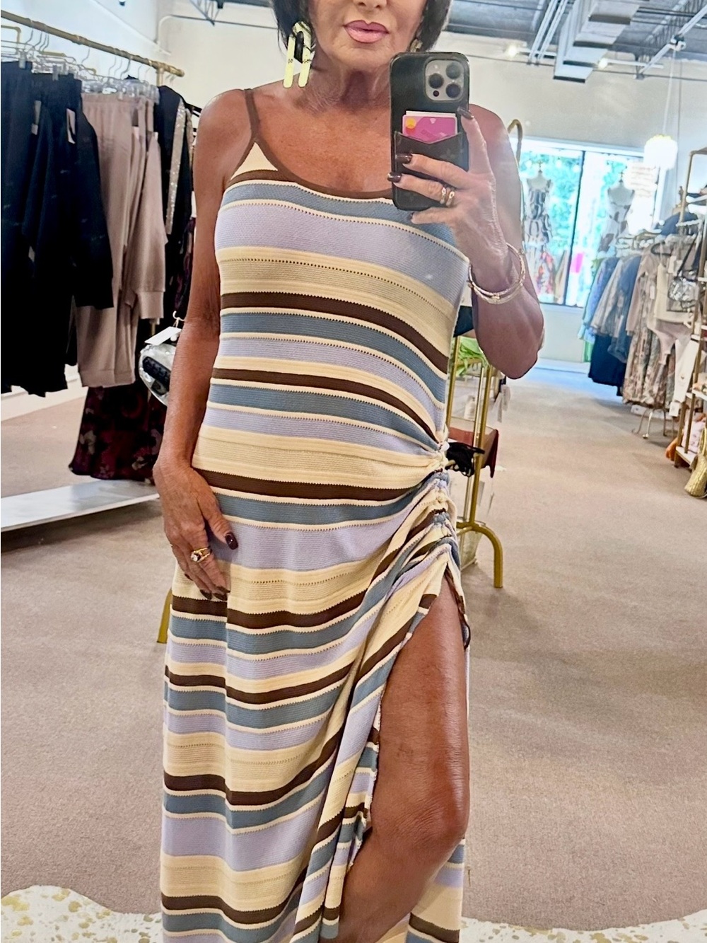 ILLA ILLA Striped Spaghetti‑Strap Maxi Dress in Blue, Cream & Brown